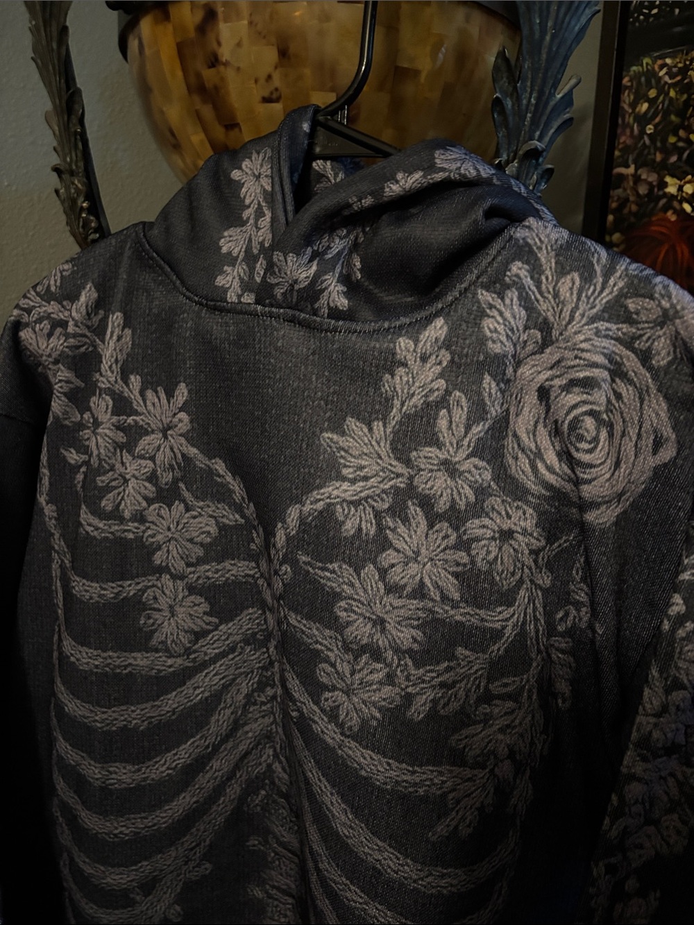 Halloween Black Hoodie with Gray Floral Skeleton Print - Halloween store (M) - Picture 5 of 8